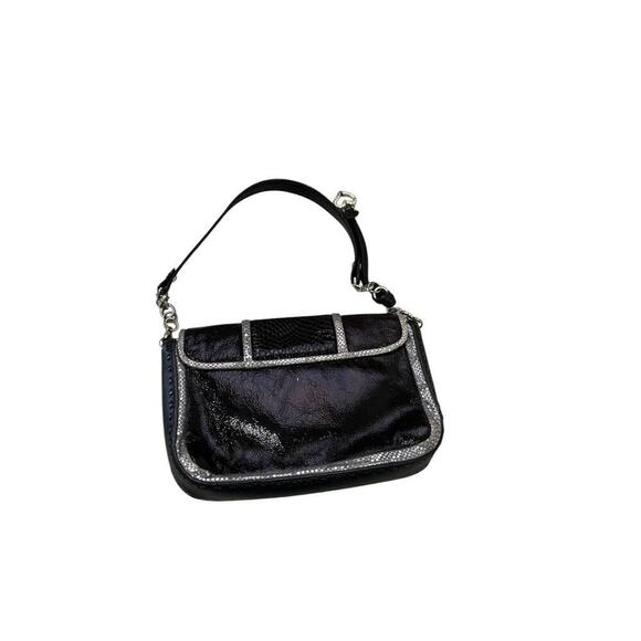 Brighton Black Silver Patent Leather 3D Flower Mini Shoulder Bag - Picture 5 of 8